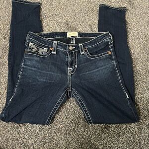 Darkwash Indigo Women's Jeans Contrast Stitch Embellished Pocket Skinny Y2K